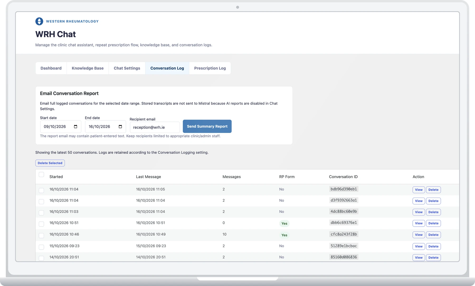 The clinic's assistant admin screen on a laptop. The Conversation Log tab is open, with a form to send a summary report to the team for a chosen date range and a list of recent conversations underneath.